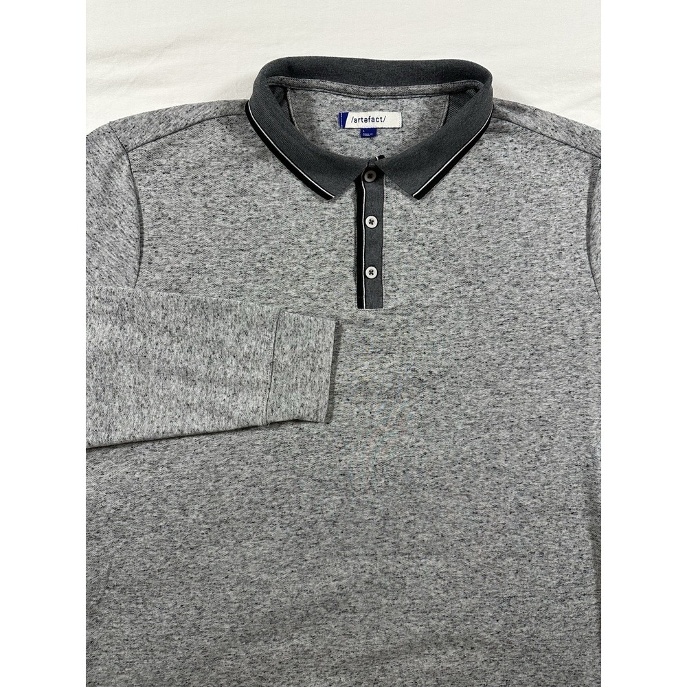 Artefact Men's Knit Polo Shirt Light‎ Gray Long Sleeve Casual Large Linen Blend
